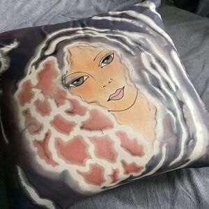 ARTIST SIGNED  PAINTED SILK FABRIC DECORATIVE SQUARE CUSHION COVER & INSERT 14in